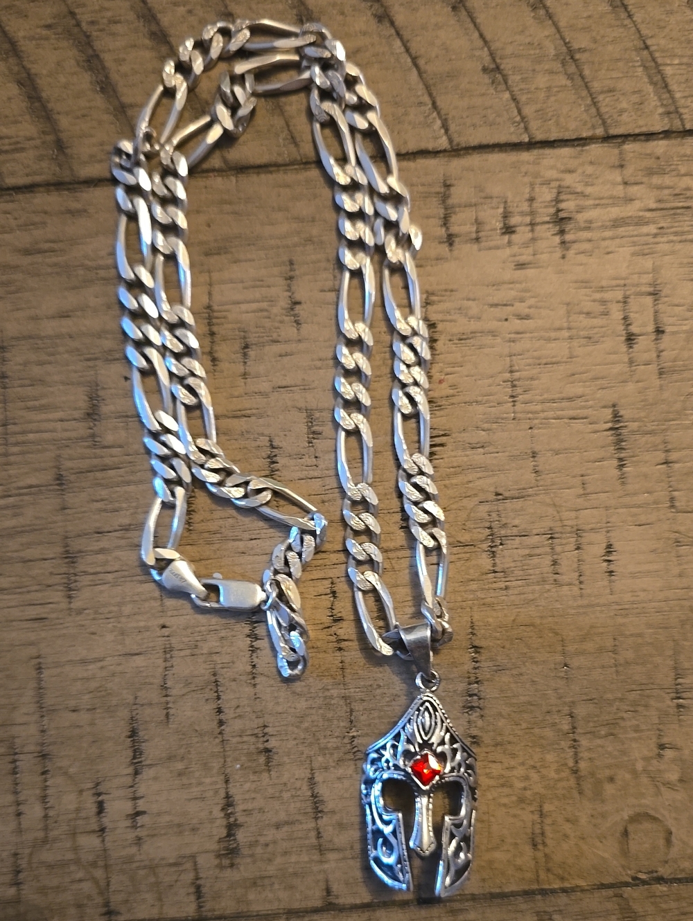Vintage Taxco Spartacus Helmet Pendant with Red Gem On 22" ITALIAN FIGARO CHAIN